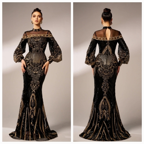 Black Embellished Backless Gown with Bishop Sleeves - Picture 2 of 13